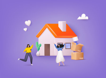 People Buying Real Estate Apartments for Living, Relocation Process Cartoon. 3D Web Vector Illustrations.のイラスト素材