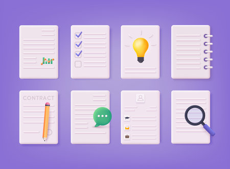 Documents icon set. Set includes icons as report, wish list, cv resume, paper clipboard, task list. 3D Web Vector Illustrations.のイラスト素材