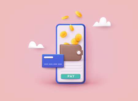 Sending and receiving money. Banking payment app. Wallet with coins and credit card. 3D Web Vector Illustrations.のイラスト素材