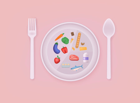 Healthy food and dieting concept. Plan your meal infographic with dish and cutlery. 3D Web Vector Illustrations.のイラスト素材