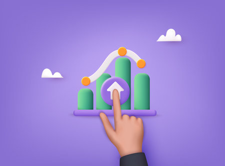 Businessman hand touching point graph growth or increase business chart. Trade arrow. Business infographics icons. Statistic and data, charts diagrams. 3D Web Vector Illustrations.のイラスト素材