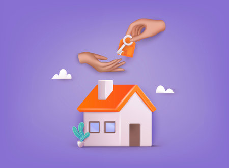 Hand gives money for investing in residential. Investment conceptual property for sale, real estate conceptual vector illustration. 3D Web Vector Illustrations.のイラスト素材