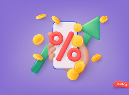 Phone with discount. Icon percent with arrow. Market analysis, investment or interest rate. 3D Web Vector Illustrations. 3D Web Vector Illustrations.のイラスト素材