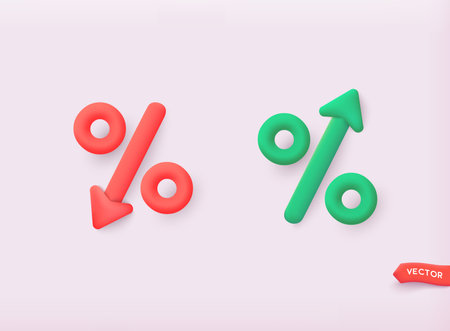 Price low down and up icon concept. Interest low price 3d percent discount vector iconPercentage with arrow up and down. 3D Web Vector Illustrations.のイラスト素材