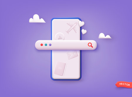Searching on internet with smartphone. 3D Web Vector Illustrations.のイラスト素材