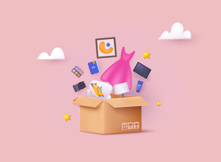 Delivery cargo box with shopping objects. Online shopping on application and website concept, digital marketing online. 3D Web Vector Illustrations.のイラスト素材