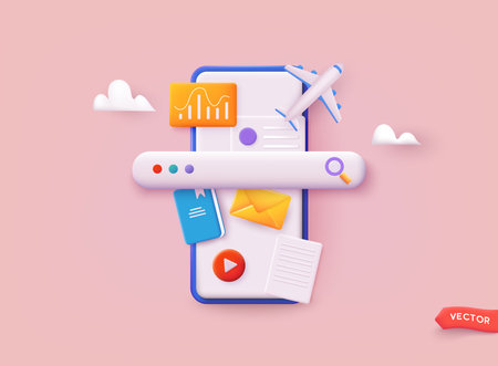 Mobile phone with search bar popping out. 3D Web Vector Illustrations.のイラスト素材