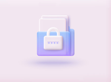 Folder with lock and files. Secure confidential files folder with paper documents access and private lock 3D Web Vector Illustrations.のイラスト素材