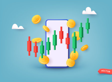 Online trading. Technical analysis candlestick chart. Global stock exchanges index. Forex trading concept. Trading strategy. 3D Web Vector Illustrations.のイラスト素材