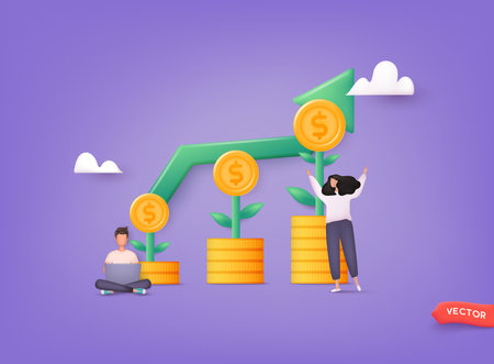 Money investing, financiers analyzing stock market profit. Portfolio income, capital gains income, royalties from investments concept. 3D Web Vector Illustrations.のイラスト素材