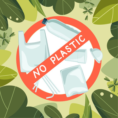 No plastic signal: protest against plastic waste. Framed with bright green leaves. vector image.のイラスト素材