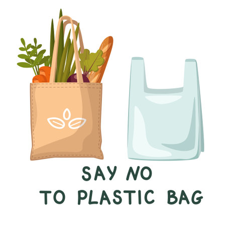 Pollution problem concept. Say no to plastic bags, bring a textile bag with you. An image demonstrating the stability of a textile food bag. vector illustration.のイラスト素材