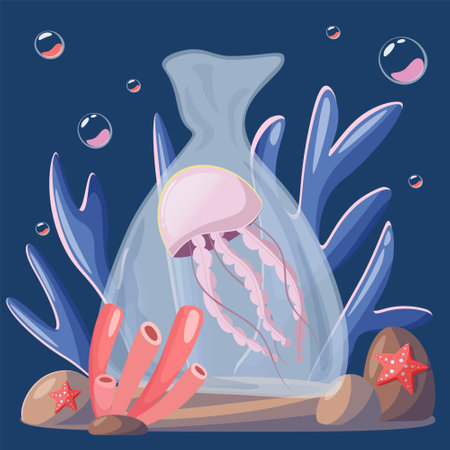 International no plastic bag day, Say no to plastic, Save nature, Save the ocean, World ocean day, jellyfish in a plastic bag, vector illustrationのイラスト素材