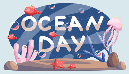 World Ocean Day is a global celebration on June 8, with hundreds of events around the world dedicated to our ocean. Ocean day lettering, small fish, jellyfish, starfish and corals.のイラスト素材
