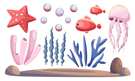 Set with sea animals and plants in cartoon style. Vector clipart on a marine theme. Starfish, fish, jellyfish, corals, algae and seabed with stones on a white background. Marine design elementsのイラスト素材