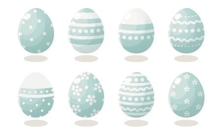A set of blue Easter eggs with different patterns. Vector illustration on a white background. Happy easter. Spring holiday. Collection of decorative Easter symbol. Spring colorful chocolate egg.のイラスト素材