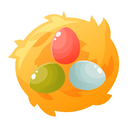Three Easter colorful eggs in a nest made of straw, top view. Cartoon nest with painted eggs on a white background. Vector illustration. Template for design on an Easter theme, festive composition.のイラスト素材