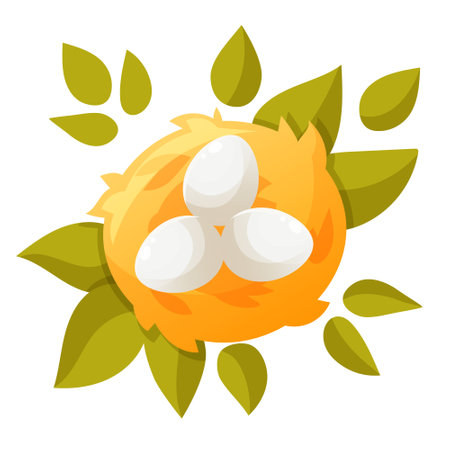 Three white eggs in a nest of straw with foliage, top view. Cartoon nest with eggs on a white background. Farm, agriculture, farm products. Chicken eggs. Design for Happy Easter.のイラスト素材