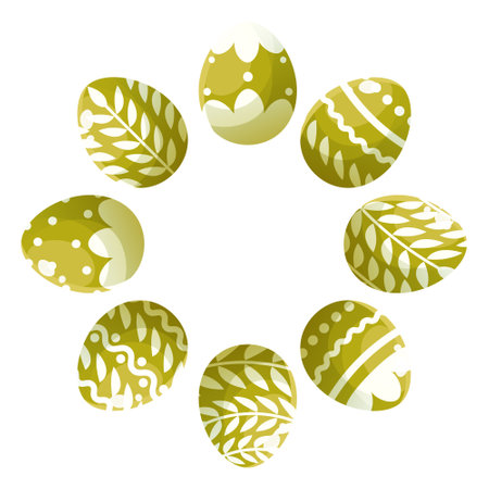 Round ornament, wreath of painted green Easter eggs. Round frame with empty space for text. Composition on white background for greeting cards, posters, banners, invitations and social media postsのイラスト素材