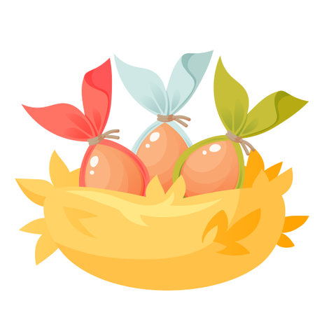 Easter eggs with colorful ears in a nest made of straw. Festive composition, vector illustration on a white background. Cartoon nest with three eggs.Happy Easter. Design for Easter cards, banners.のイラスト素材