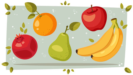 Set of vector fruits in cartoon style. Apple, pear, banana, Set of vector fruits in cartoon style. Apple, pear, banana, pomegranate, orange. Fresh summer harvest. Ingredients for fruit dishes.のイラスト素材