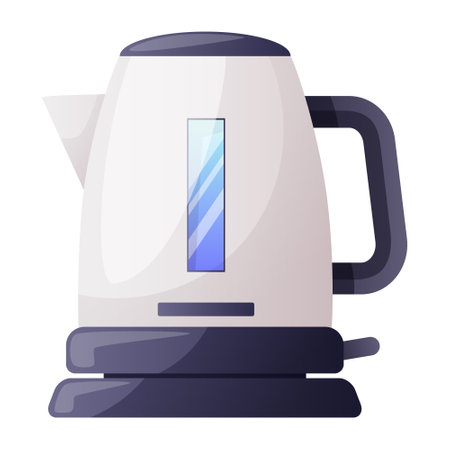 Electric kettle made of stainless steel for boiling water, hot drinks. Kitchen electric kettle, household electronic appliance, home appliance. Vector illustration isolated on white background.のイラスト素材