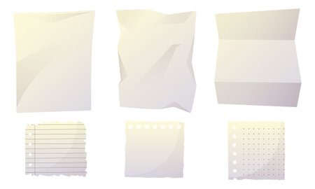 A set of white crumpled paper with creases, a torn out lined page, a torn out sheet with dots. A sheet from a notepad with torn edges, a torn out note with a damaged border.のイラスト素材