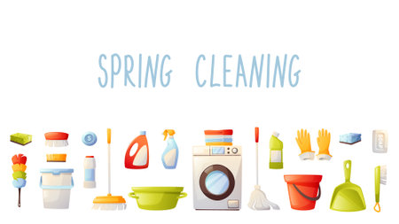 Rectangular banner, design element on the theme of spring cleaning. Cleaning kit, cleaning tools, agent, vector illustration. Spring cleaning, cleanliness in the house.のイラスト素材