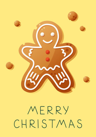 A festive gingerbread man cookie with icing details on a yellow background. The design includes a cheerful Merry Christmas message.のイラスト素材