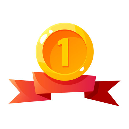 A gold medal with the number one on it, accompanied by a red ribbon. Represents achievement and victory in competitions.のイラスト素材