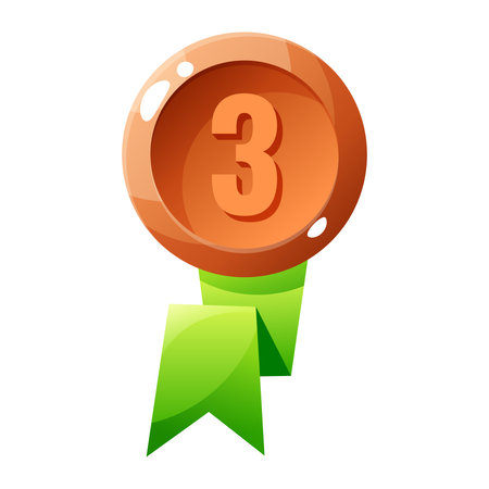 A bronze medal with the number three displayed prominently. The medal is attached to a green ribbon, symbolizing achievement in competitions or sports.のイラスト素材