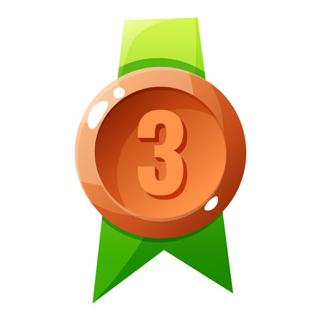 A bronze medal with the number three displayed prominently. The medal is attached to a green ribbon, symbolizing achievement and competition.のイラスト素材