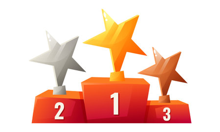 A podium with three levels, featuring a gold star on the highest level, an orange star in the...