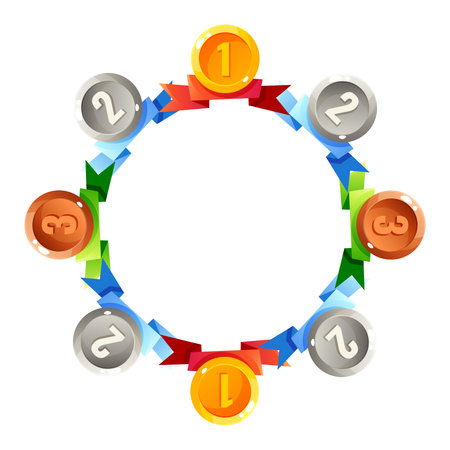 A circular arrangement of medals with ribbons. Gold, silver, and bronze medals are displayed with colorful ribbons in red, blue, and green. Ideal for awards and achievements.のイラスト素材