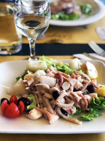 Delicious romantic dinner: salad with squids, octopus, olives and greens. A glass of dry white wine.の写真素材