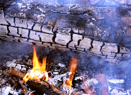 Hot coals and charred logs are engulfed in a fire. Near the fire so want to warm up on a frosty...