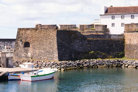 Ships, boats and boats in the port of Ponta Delgada in the area of the old Portuguese fort of St. Blasius. Island of San Miguel.の写真素材