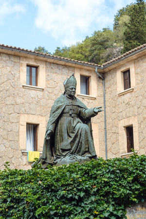 Monument to Bishop Pere-Joan Campins. An amazing catholic monastery on the island of Mallorca Santuari de Lluc. Holy place, the spiritual center of Mallorca, Balearic Islands, Spain.のeditorial素材