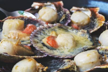 Baked scallops with cheese and spicy sauce. Delicate clam is a real pleasure. Romantic dinner at a...