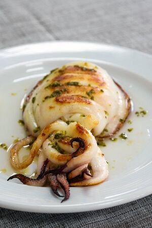 Grilled cuttlefish with sauce on a white plate. Delicious wholesome dinner at a Spanish fish...