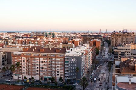 Valencia, Spain, December 2019. Beautiful city in the rays of the setting sun. View from above. Spanish travel.のeditorial素材