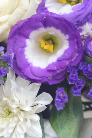 Yellow mites of a rose of an unusual color. Beautiful bouquet of white and purple flowers. Decorative flower arrangement for the holiday. Closeup.の写真素材