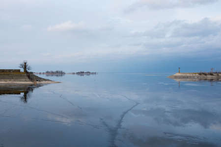 Winter frozen Dnieper river in Cherkasy city, Ukraine. Winter landscape.