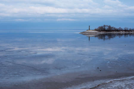 Winter frozen Dnieper river in Cherkasy city, Ukraine. Winter landscape.