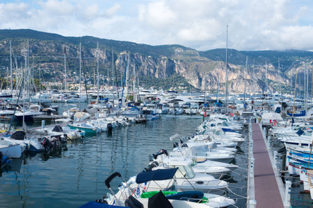 Saint-Jean-Cap-Ferrat, France, September 2021. Parking of yachts and boats in the Cote d'Azur resort in the Provence Saint-Jean-Cap-Ferrat region. French Riviera. rich life.のeditorial素材