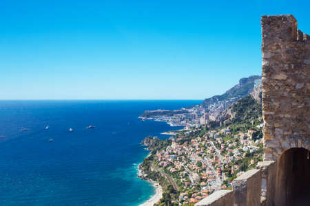 View of the sea and the Cote d'Azur from the fortress of the ancient castle in Roquebrune-Cap-Martin, France on the Mediterranean coast near Monaco. Travel along the Cote d'Azur.の写真素材