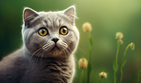 Scottish cat with big green eyes close-up. Realistic drawing.の素材