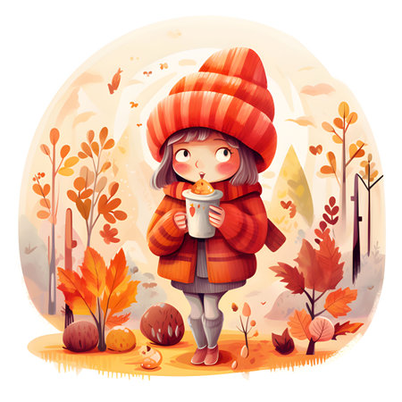 A sad girl in an orange hat drinks tea among the leaves. autumn mood. Treatment of colds. cartoon style.の素材