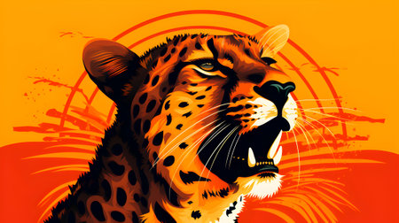 The fastest predator on the planet. Cheetah in typographic style on a red orange backgroundの素材