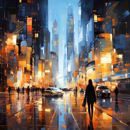 Image of a big city at night in lights. The girls are silhouetted against the background of houses and streets. Retro futurism.の素材